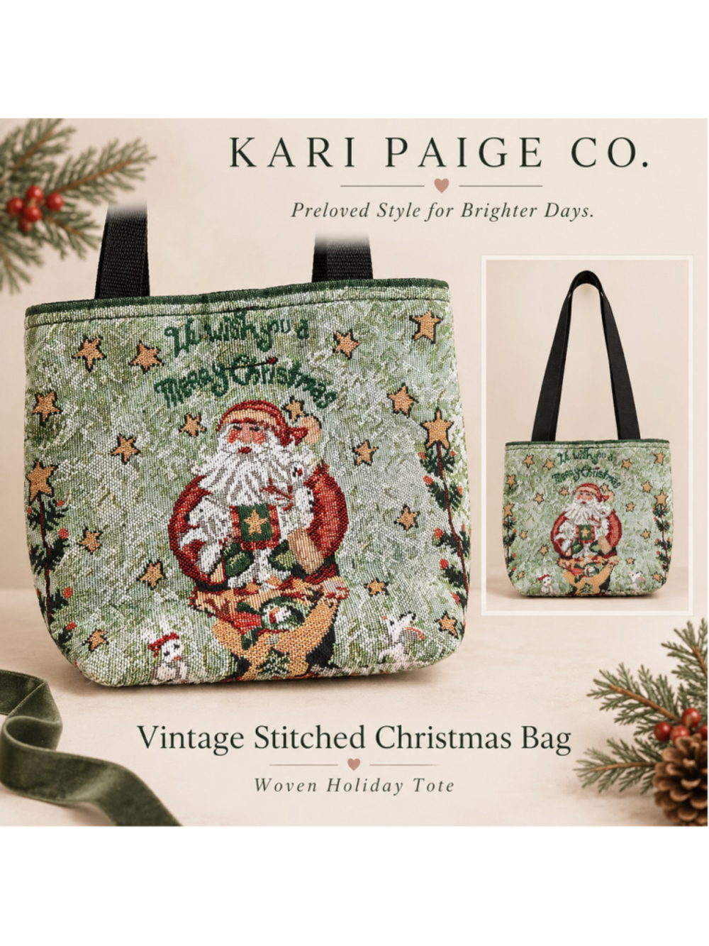 Vintage Christmas Tapestry Tote Bag Santa Woven Holiday Purse Black Handles